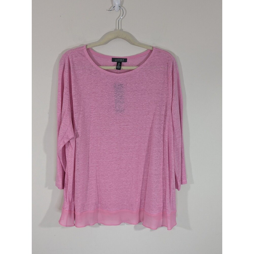 Nwt Ralph Lauren Pink Scoop Neck Linen 3/4 Sleeve Blouse Crepe Hem SIZE 2X